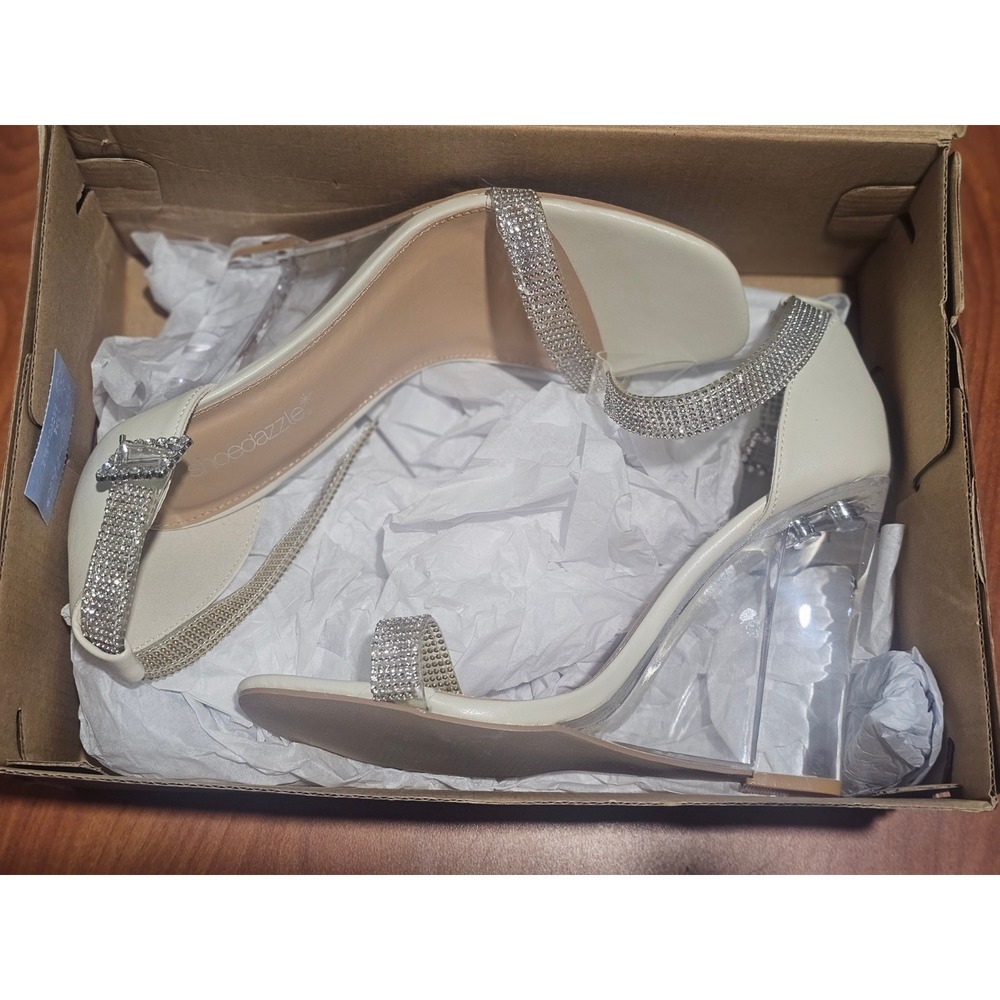 ShoeDazzle Jenjo Clear Heel White Wedge Sandals w/ Rhinestone Straps Womens Sz 8